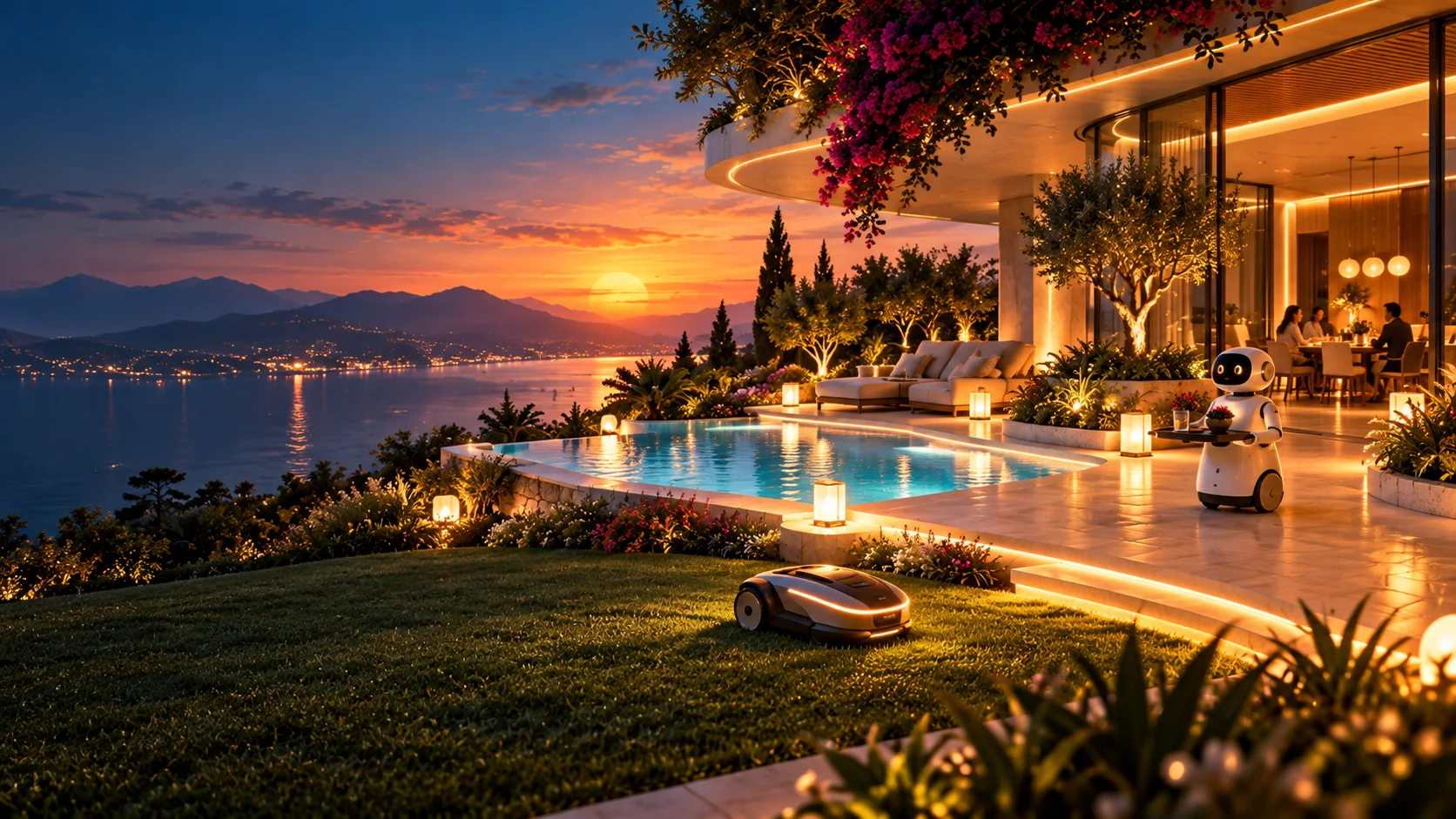 AI-generated concept artwork: imagined domestic and garden robots beside a lakeside home at twilight; not products in the comparison
